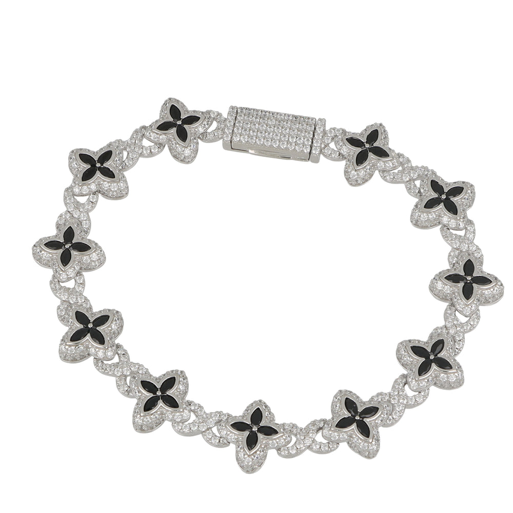 Pulsera de plata flores con piedra negra