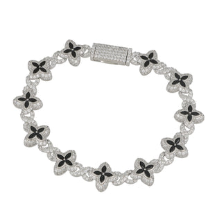 Pulsera de plata flores con piedra negra