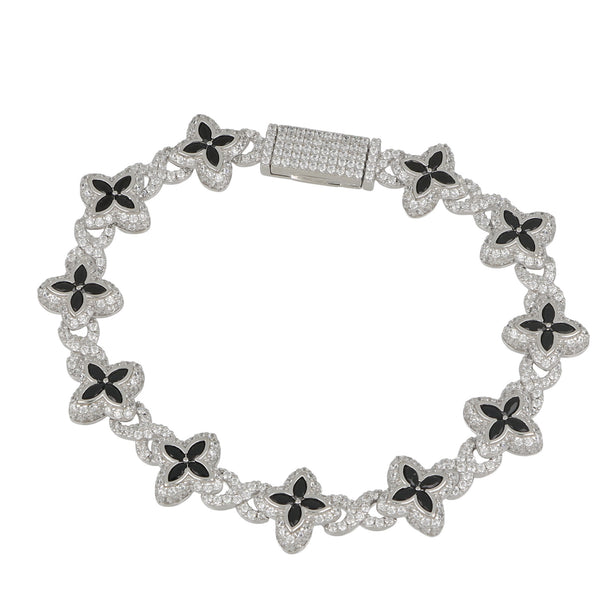 Pulsera de plata flores con piedra negra
